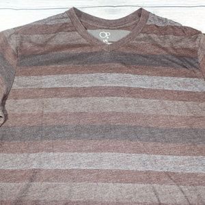Op Men's T-Shirt V-Neck Brown Striped EUC